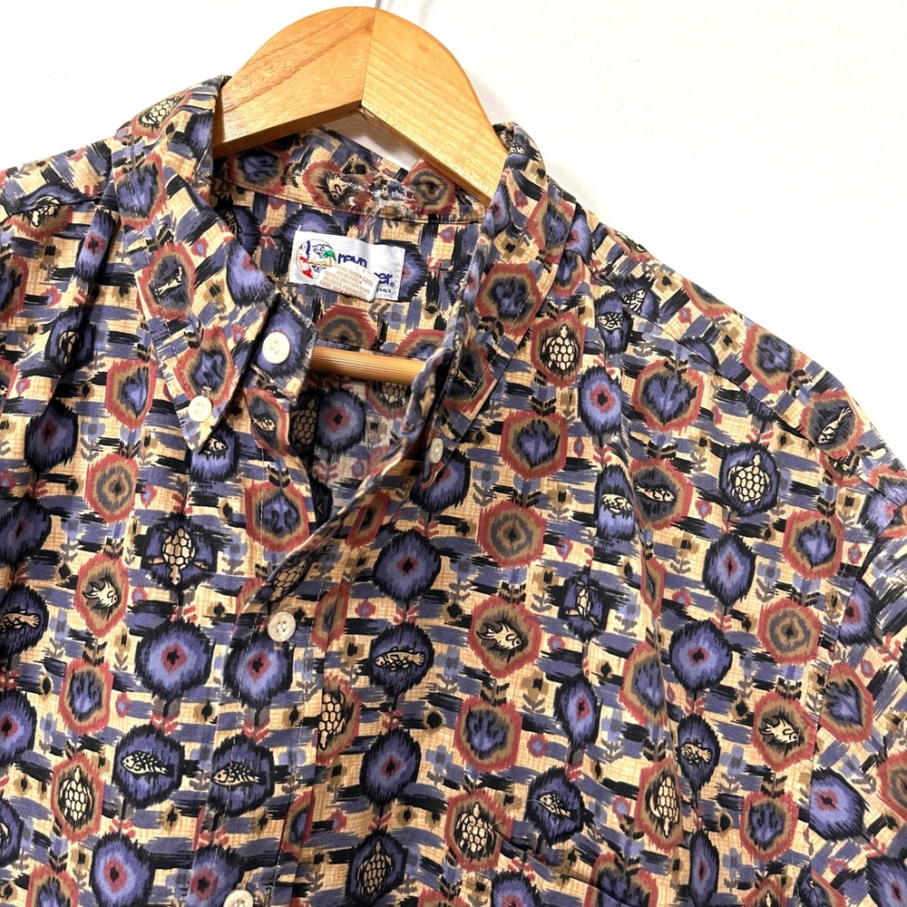 VTG Reyn Spooner Hawaiian Shirt Ikat Sea Turtle Fish XXL Cotton Aloha Shirt 90s